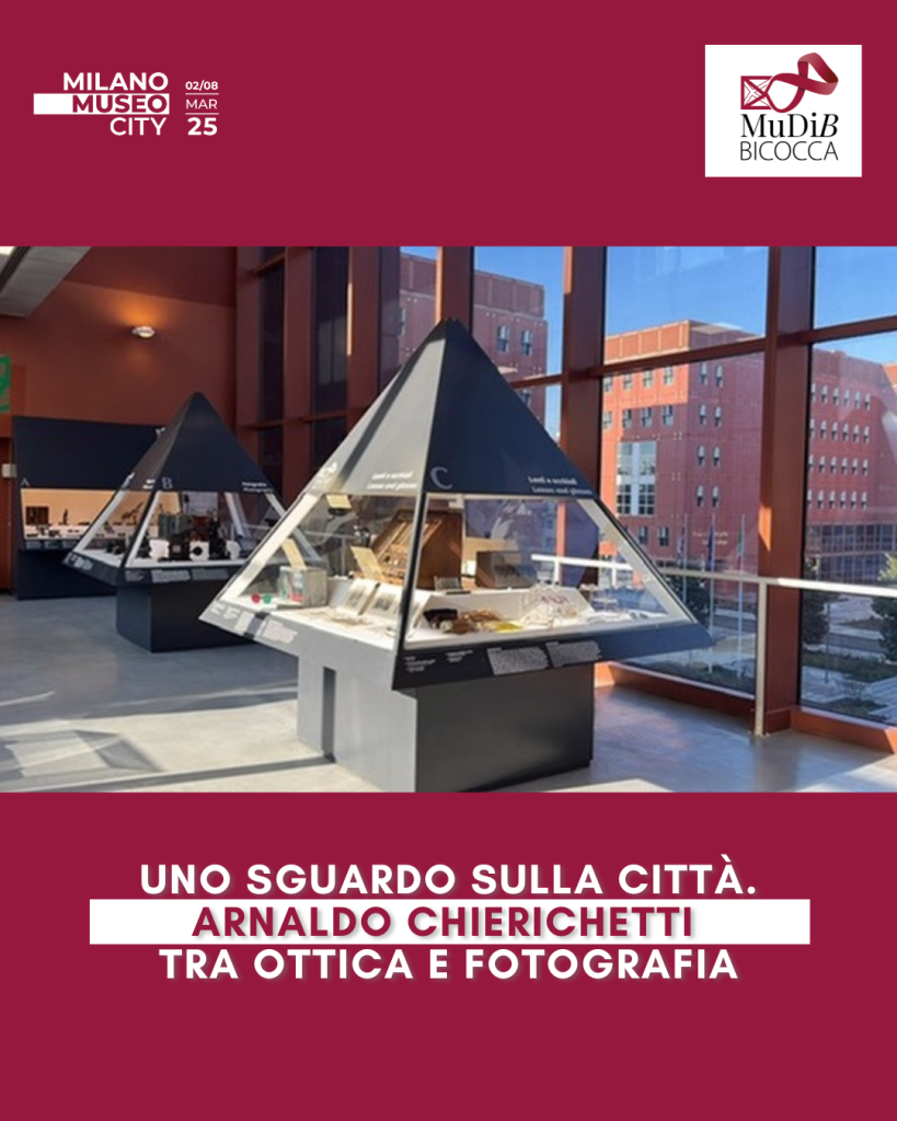 Locandina con immagine delle teche piramidali che ospitano la collezione Chierichetti