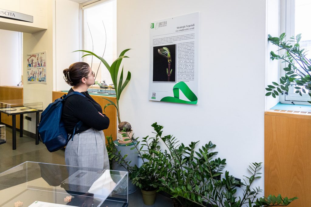 Una visitatrice di spalle che legge un pannello della mostra