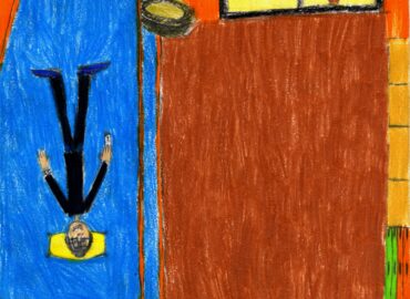 Disegno infantile di un bambino steso sul letto nella sua cameretta.