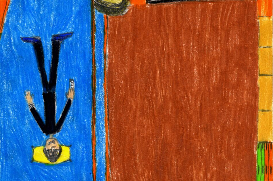 Disegno infantile di un bambino steso sul letto nella sua cameretta.