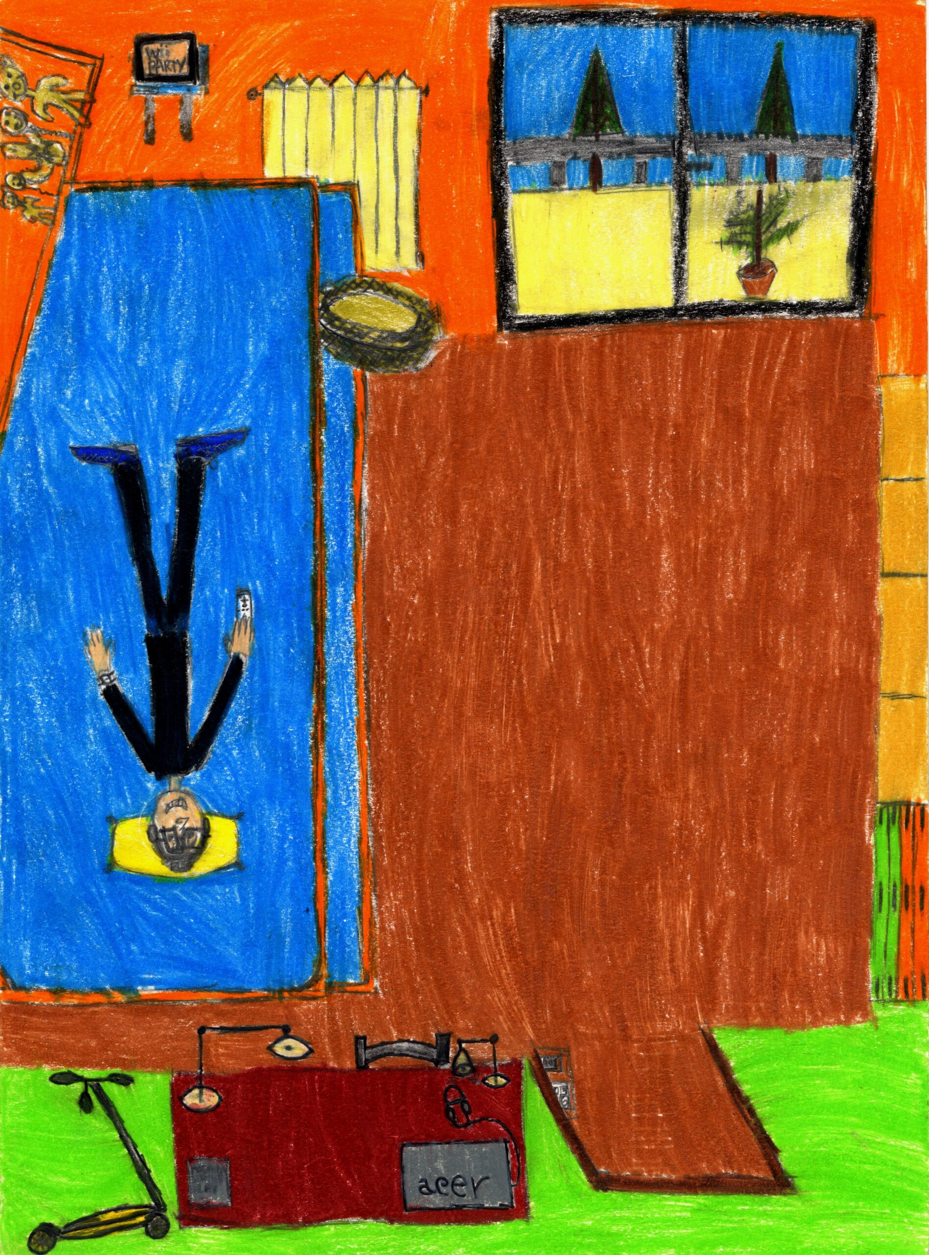 Disegno infantile di un bambino steso sul letto nella sua cameretta.
