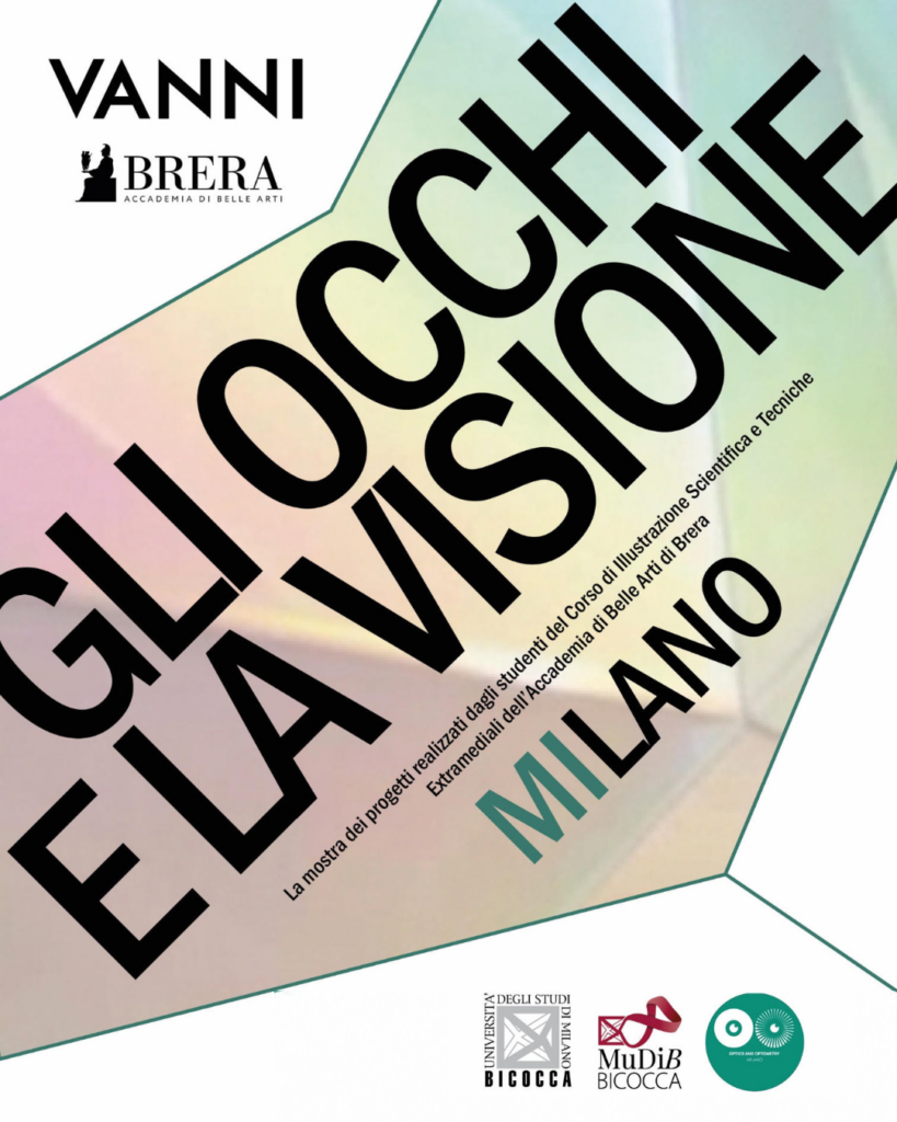 Locandina "Gli occhi e la visione". Scritta nera su sfondo di colori pastello